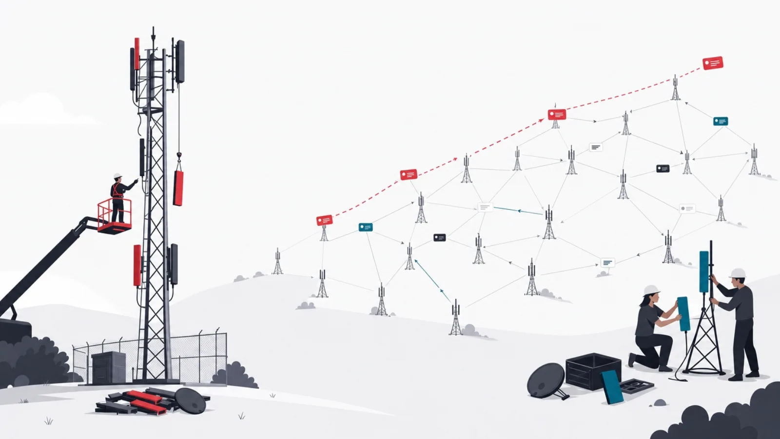 A central broadcast tower being dismantled beside a rising lattice of small linked antennas passing message tiles
