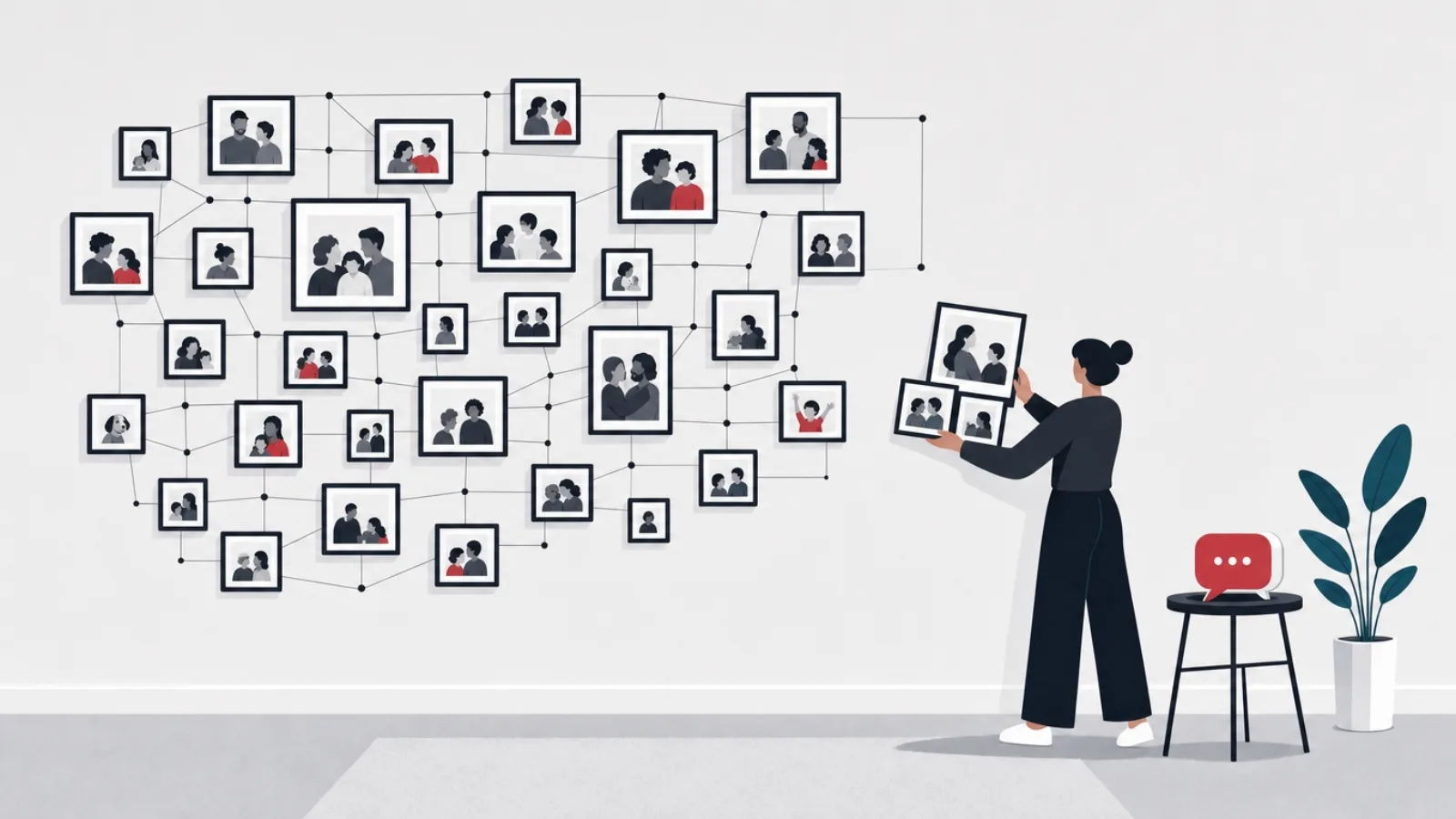A figure moving a few portrait frames from a densely wired photo wall to a small table with a chat bubble