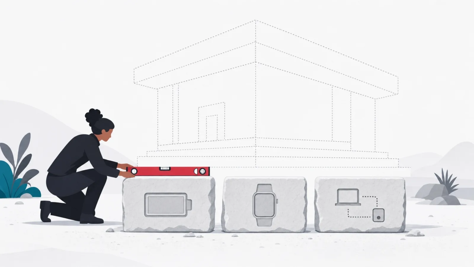 A figure checking three carved foundation stones with a level before a building outline rises