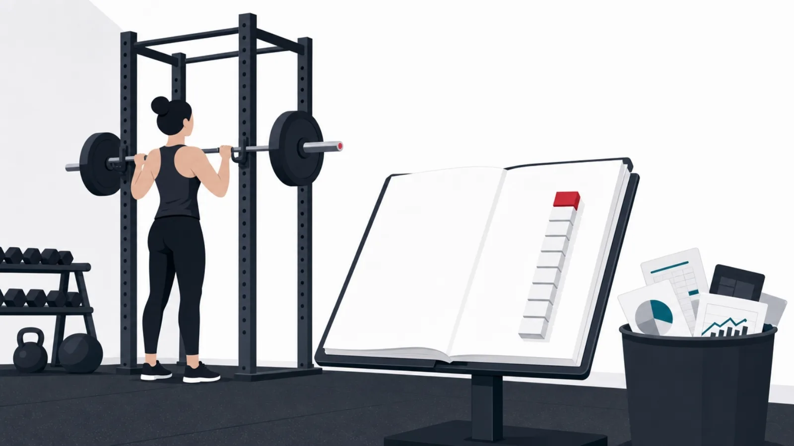 A lifter racking a barbell beside a sturdy ledger stand stacking tally blocks, flashy dashboards discarded behind