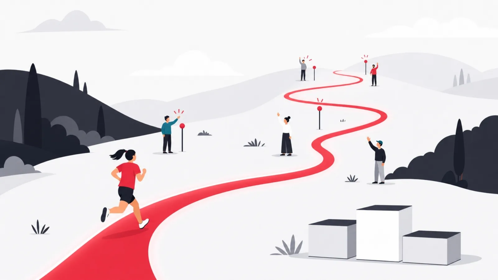 A red route line across a map landscape with small figures cheering a runner along the way