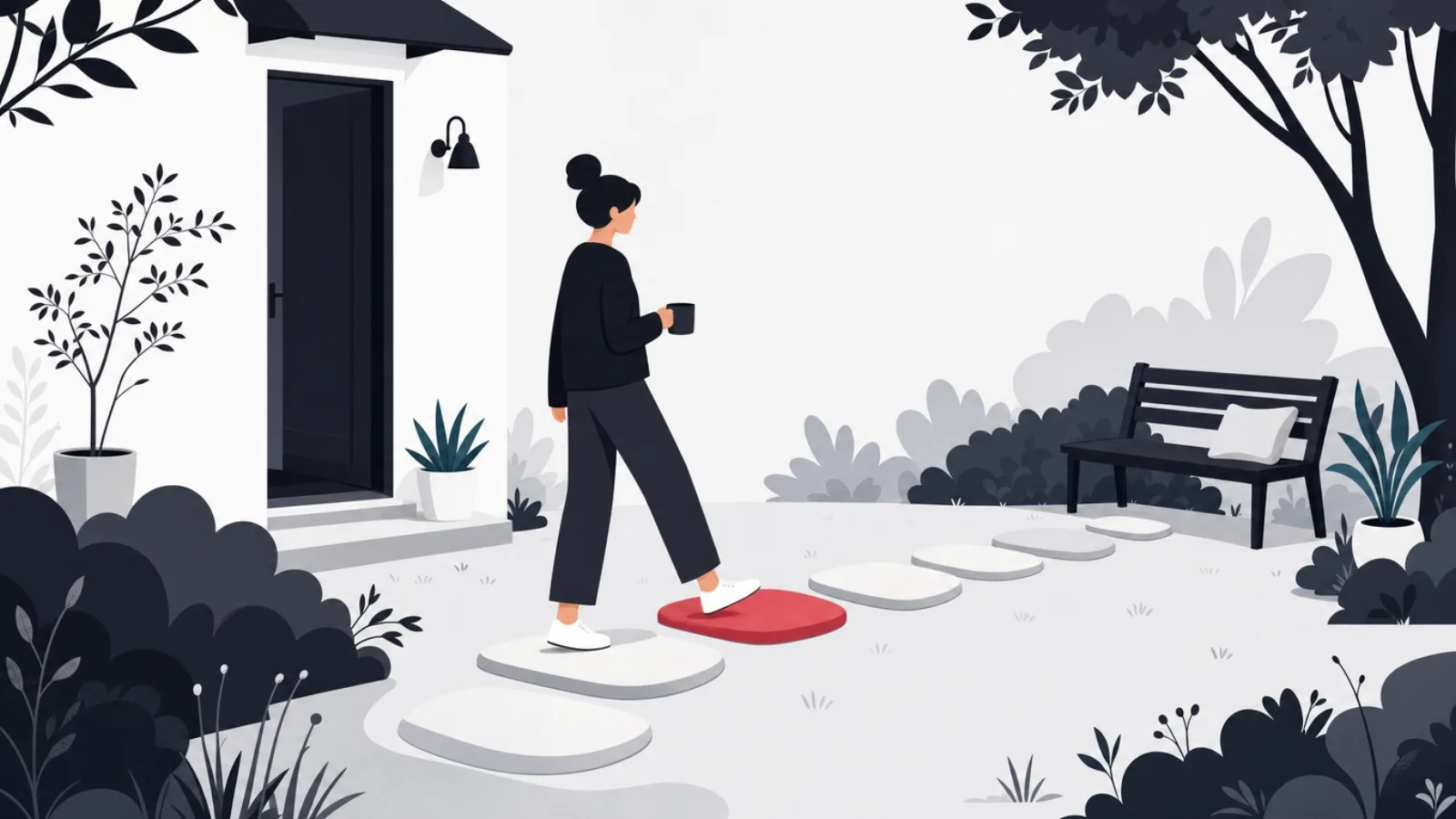 A figure with a mug walking a worn stepping-stone path from a house door to a bench
