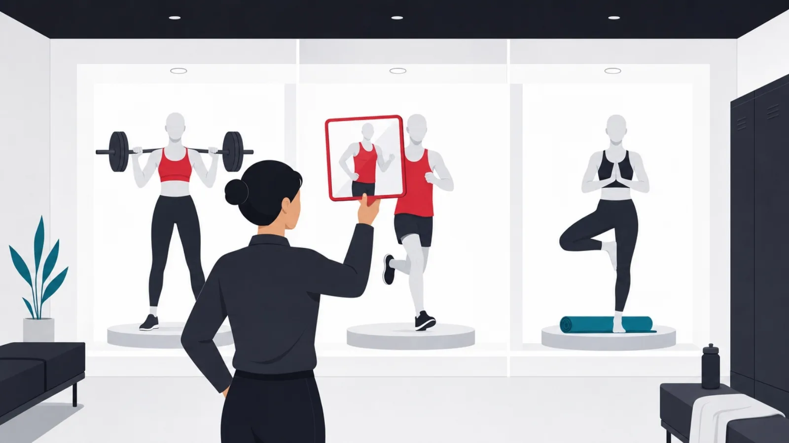 A figure holding a mirror that clearly reflects one of three discipline-dressed mannequins