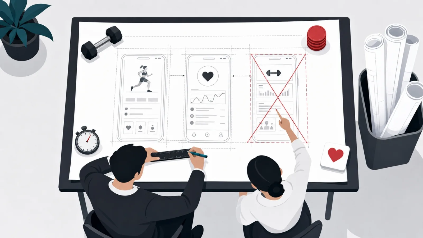 Two figures at a drafting table trimming a fitness app blueprint marked with a red pencil line