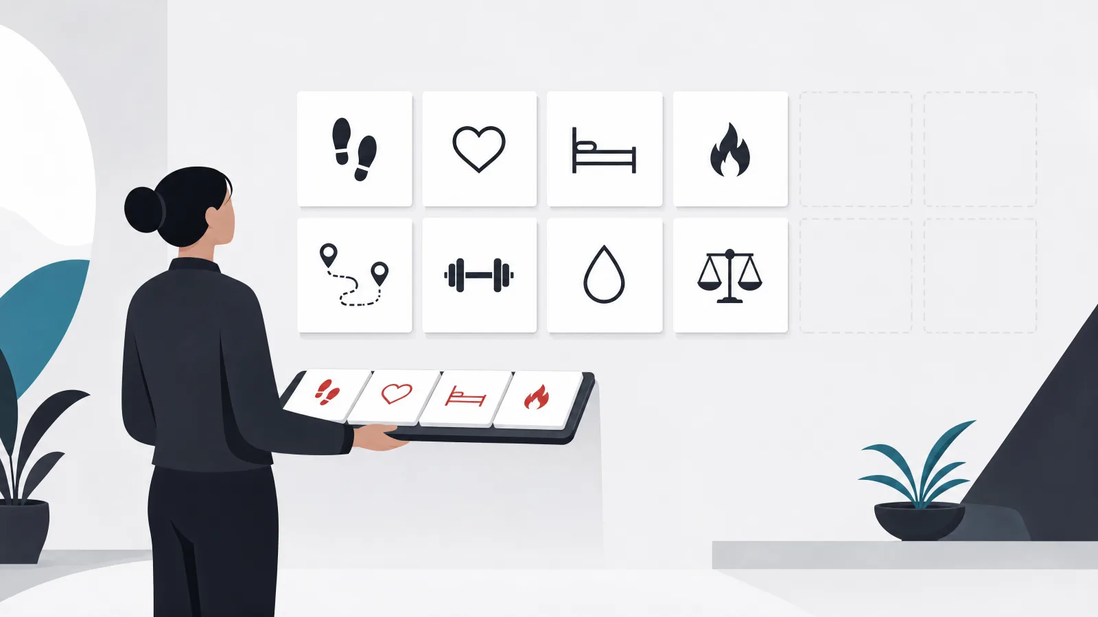 A figure choosing four icon tiles from a wall of many fitness metric tiles and placing them on a tray