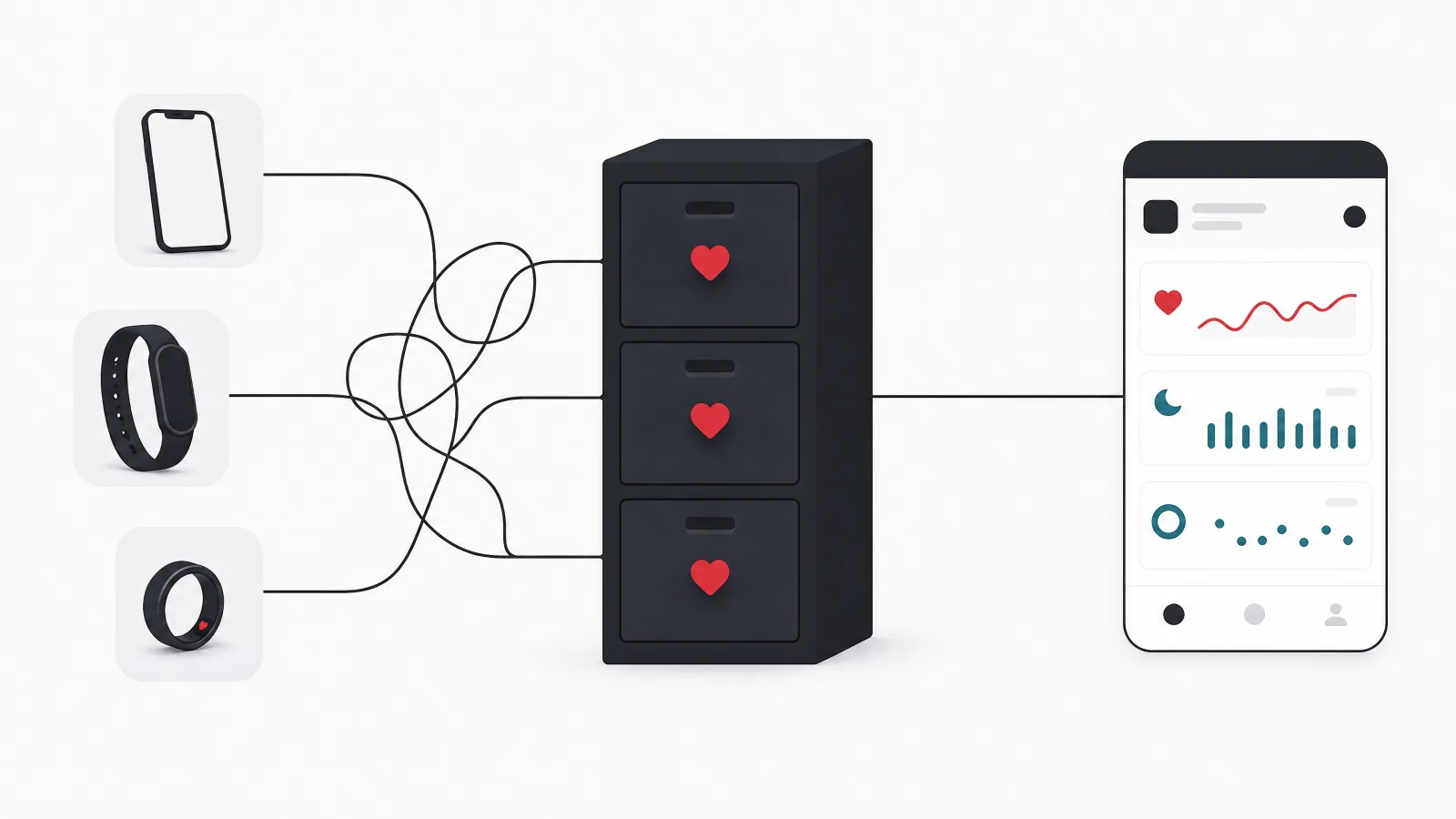 A phone, a wristband and a ring feeding tangled lines into one filing cabinet, with a single straight line from the cabinet to an app screen
