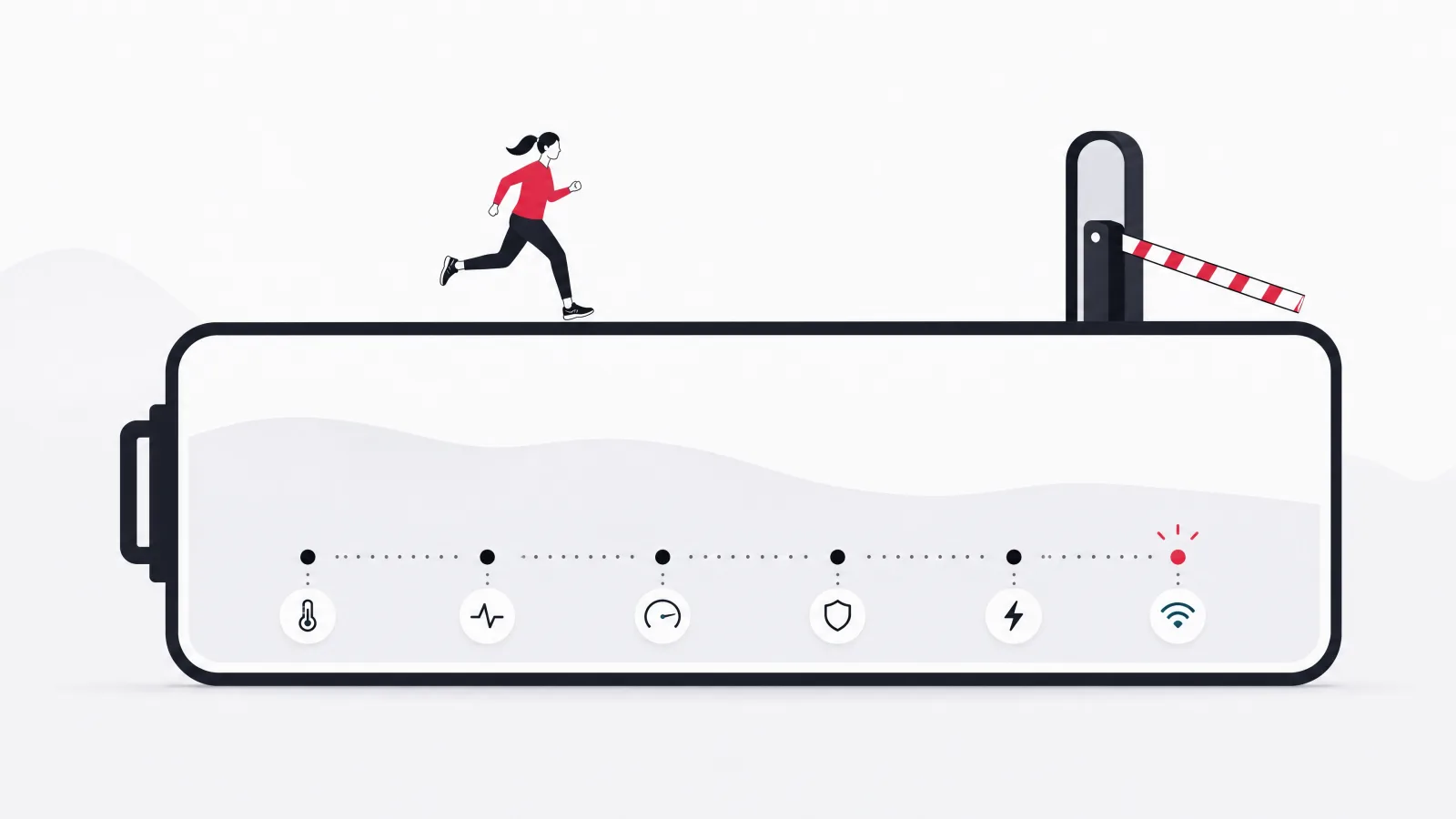 A runner figure moving along the top of a large horizontal battery with spaced sensor dots beneath and a half-lowered gate at the end