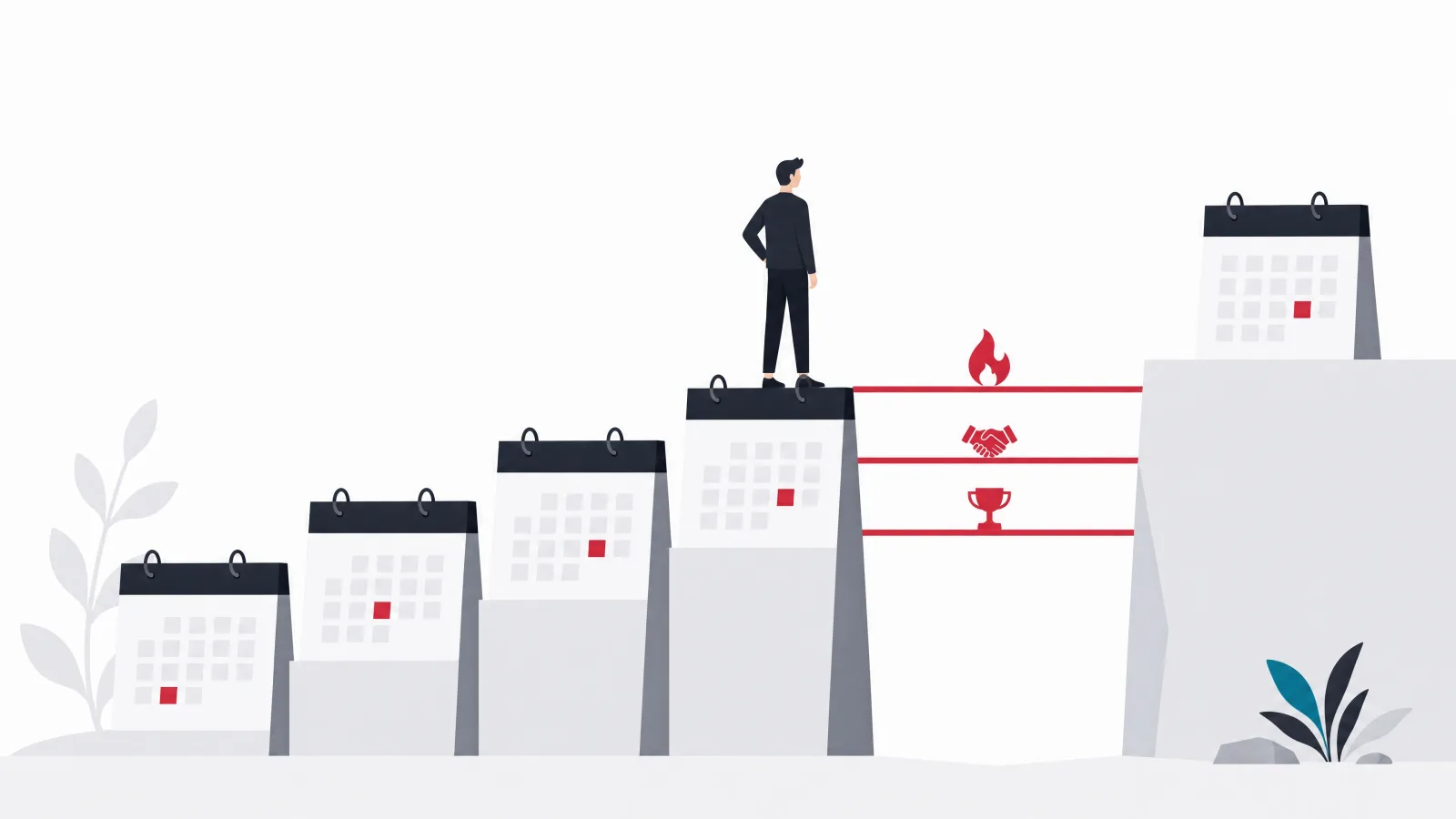 A figure at the top of a four-step staircase facing a gap bridged by three thin planks bearing a flame, a handshake and a trophy