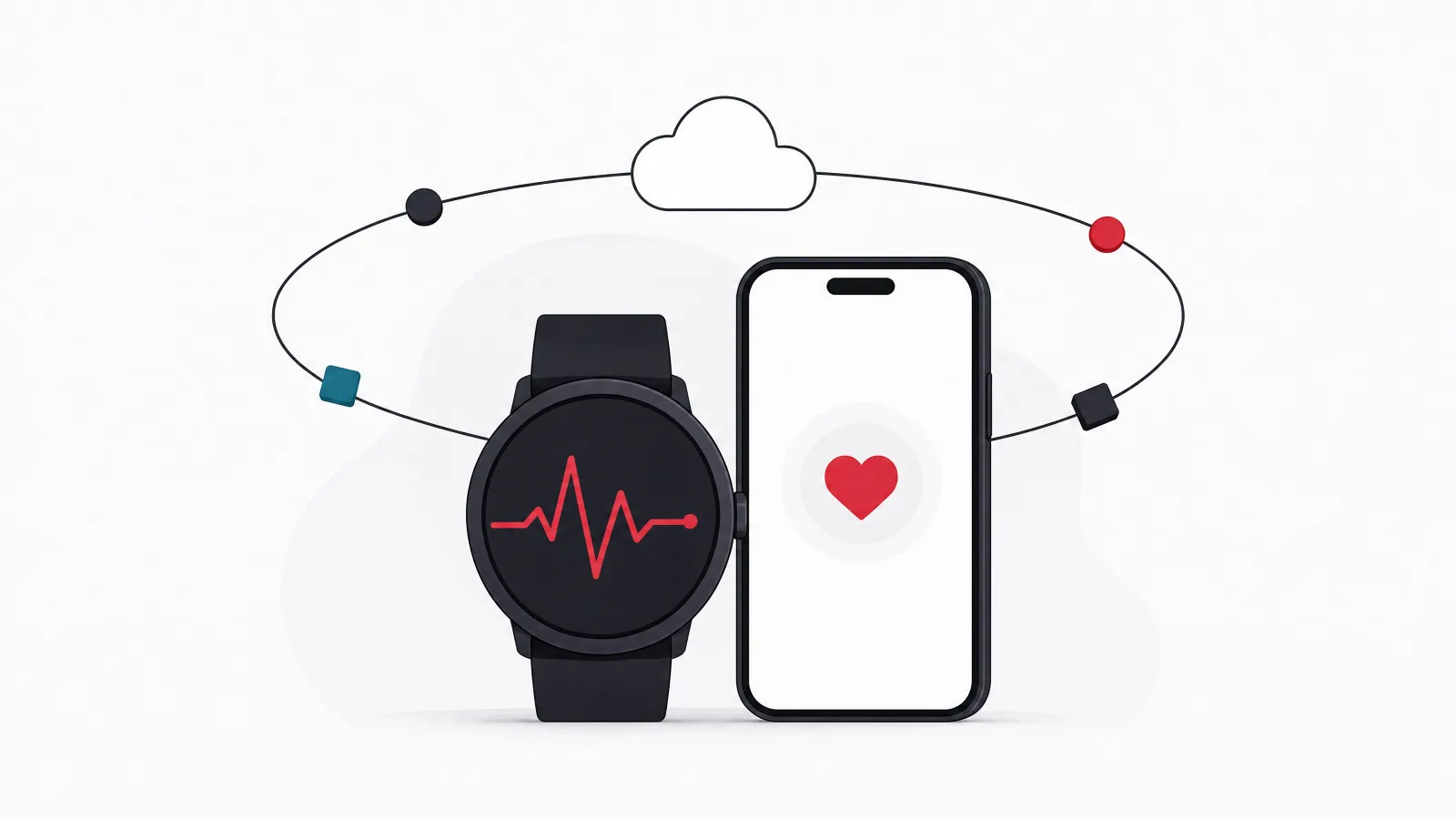 A smartwatch and a smartphone linked by one looping line through a cloud shape, with small beads traveling along the loop