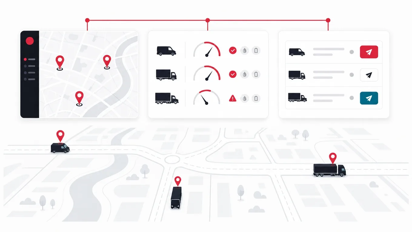 An exploded vehicle diagram with five gauges gathered into a single red cable