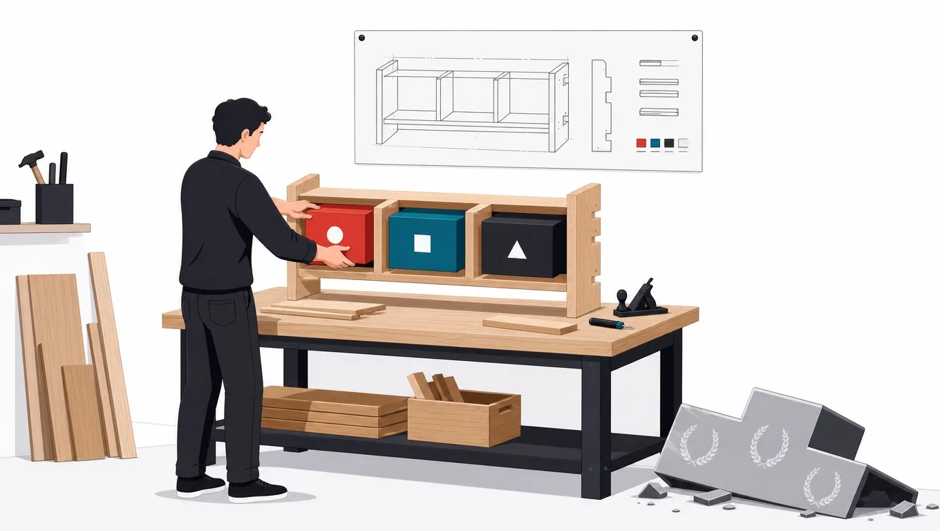 A figure slotting vendor boxes into a self-built rack while a glossy ranking podium lies discarded