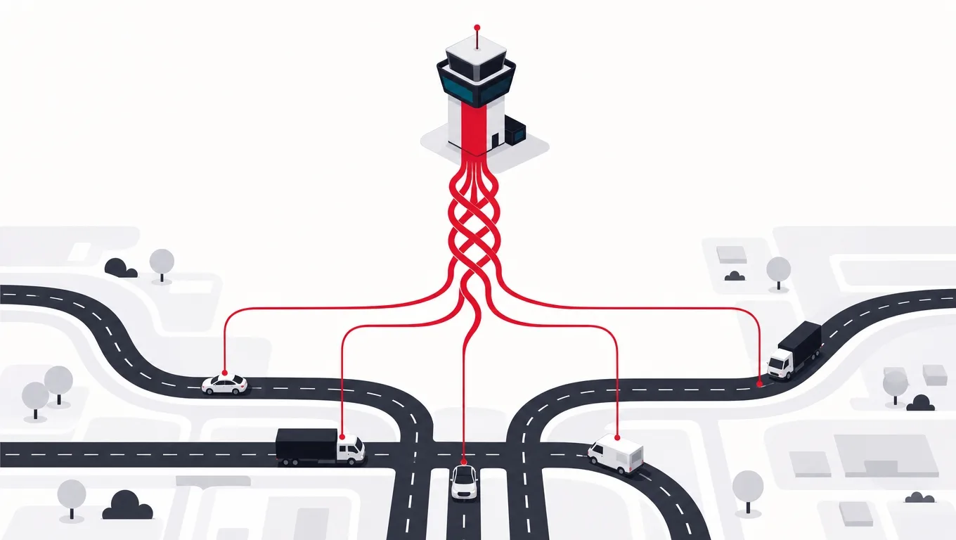 Vehicles on a road network whose telemetry lines braid together into one command console