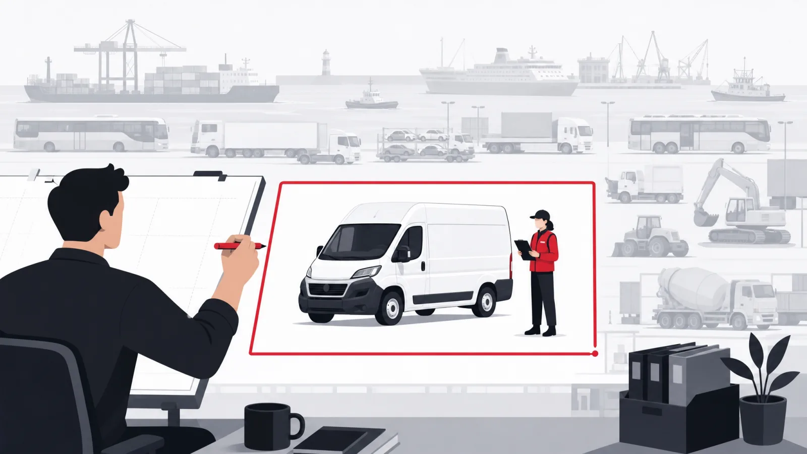 A figure framing one van and one dispatcher in crisp detail while a harbor of other vehicles stays gray