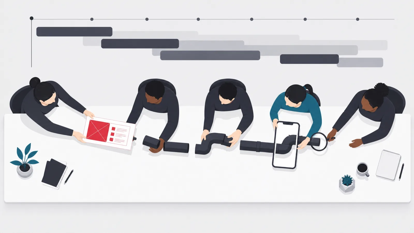 A workshop relay passing work from designer to backend pair to mobile developer to tester under an overlapping timeline