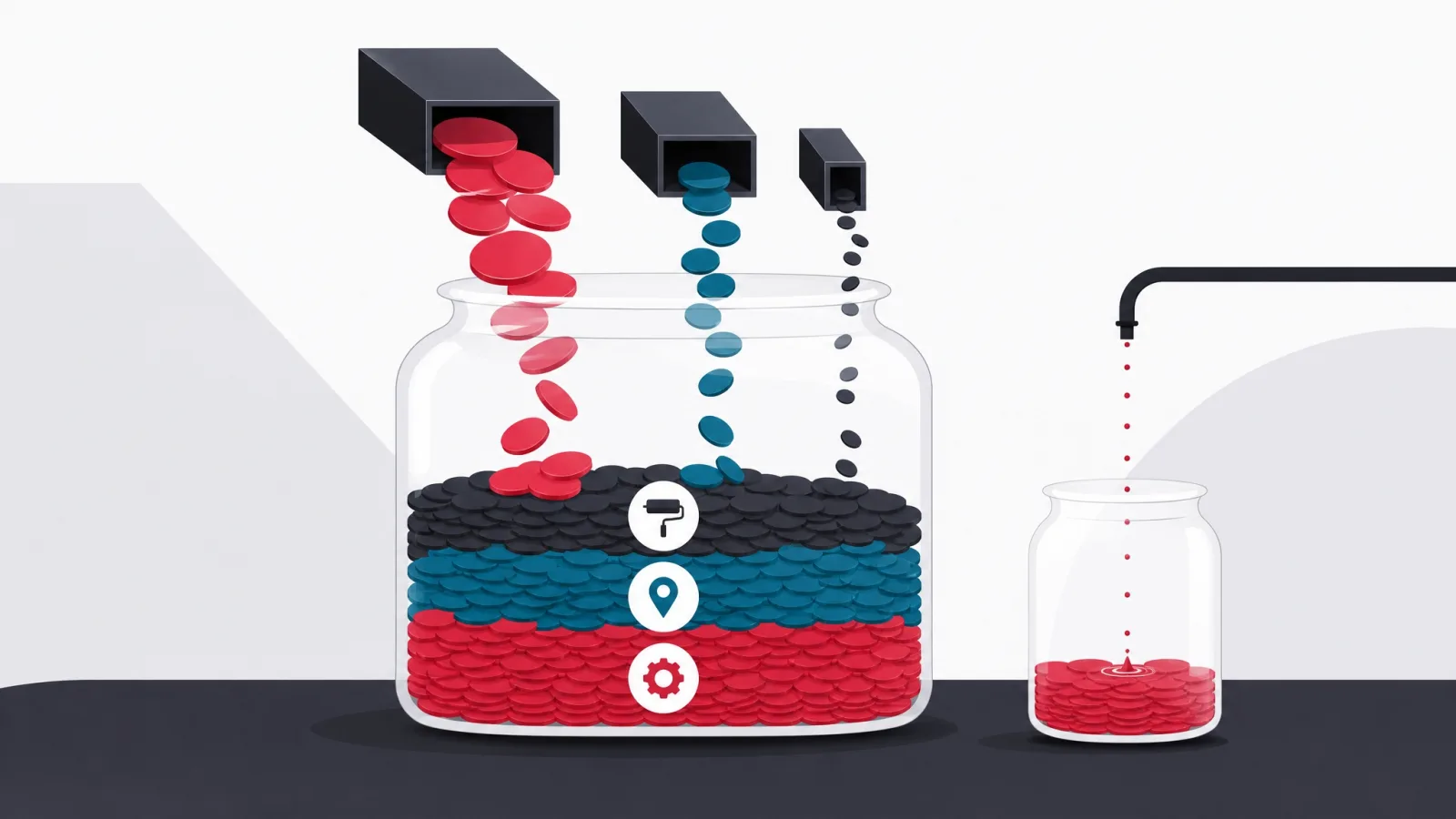 A glass jar filling from three coin spouts of different widths beside a smaller jar filling from a steady drip