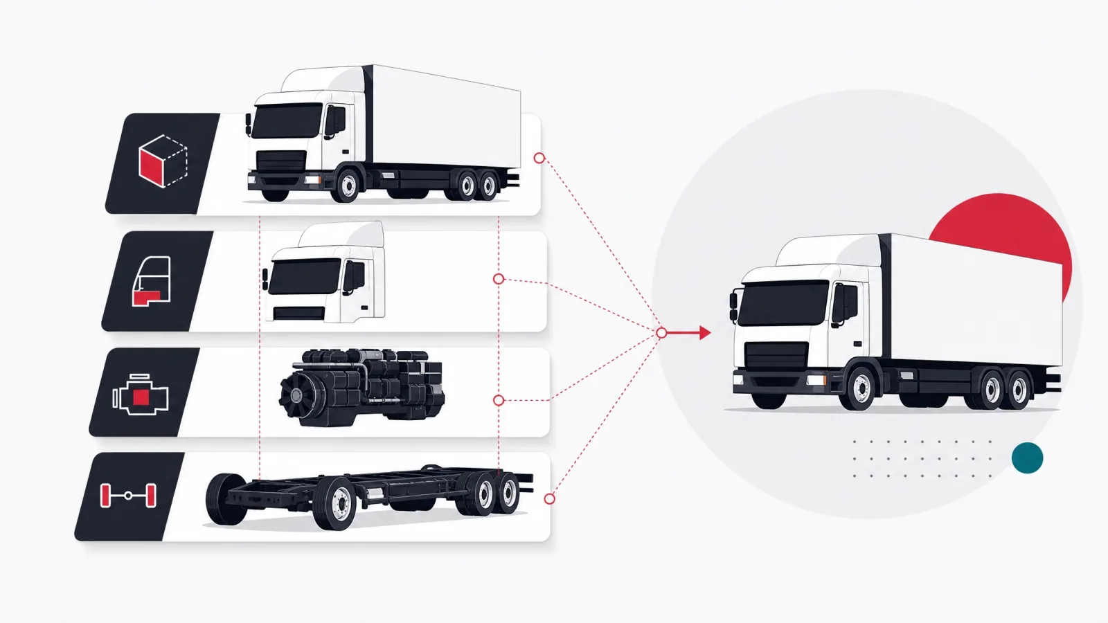 A truck exploded into floating software-panel layers held in alignment by thin converging guide lines