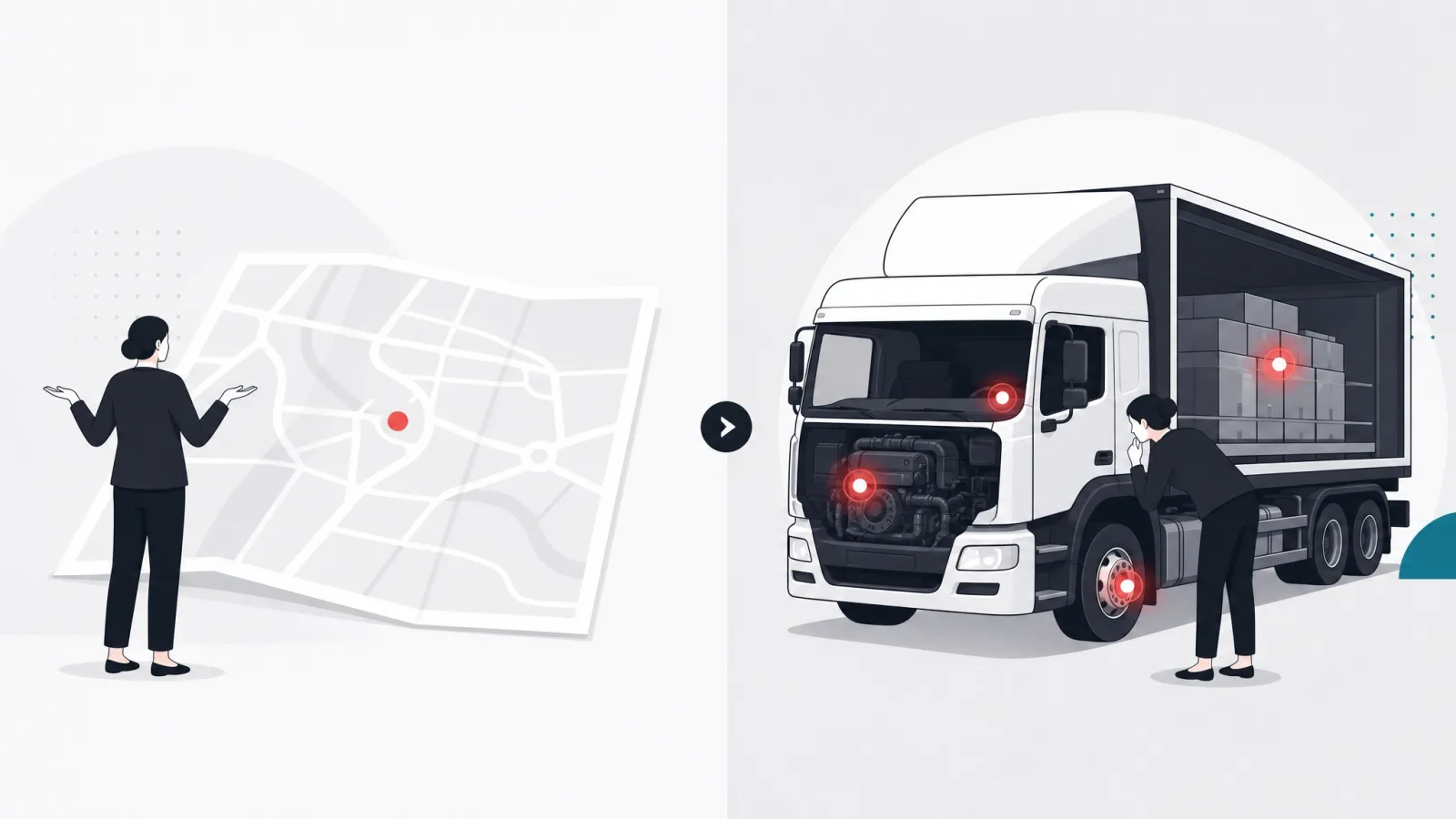 The same truck as a lone dot on a paper map beside a cutaway glowing at engine, tires, cargo and cab