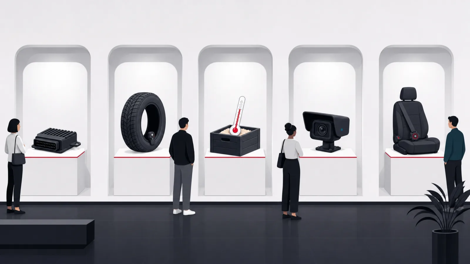 A display wall of five alcoves exhibiting engine, tire, cold-chain, camera and cabin sensor families on pedestals