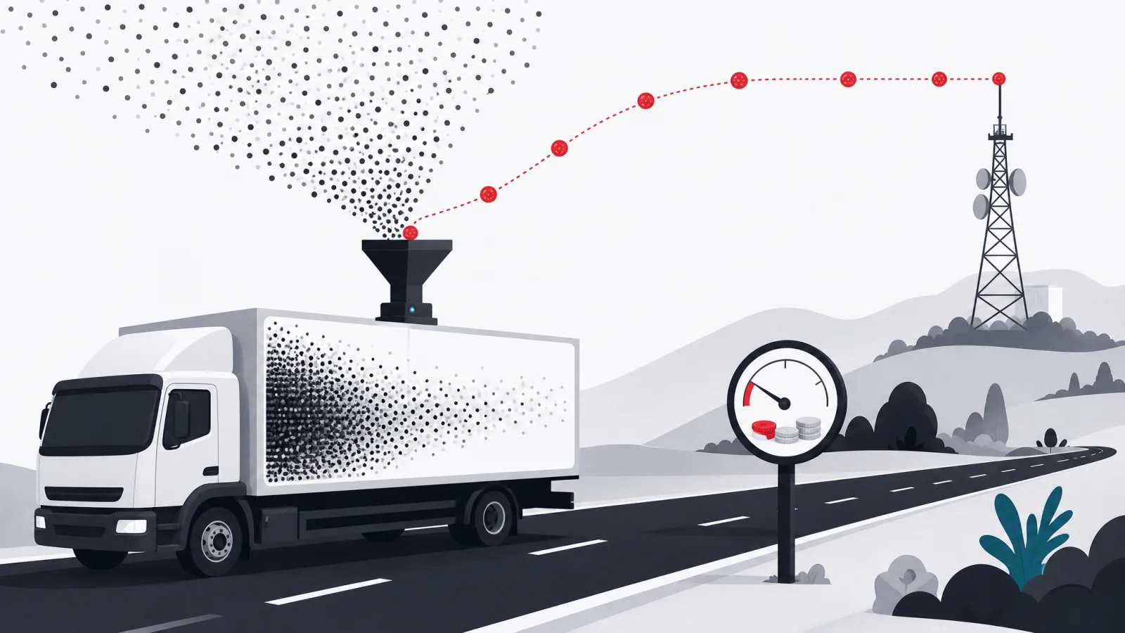 A truck-mounted funnel condensing a dense cloud of raw data dots into a thin line of tokens toward an antenna