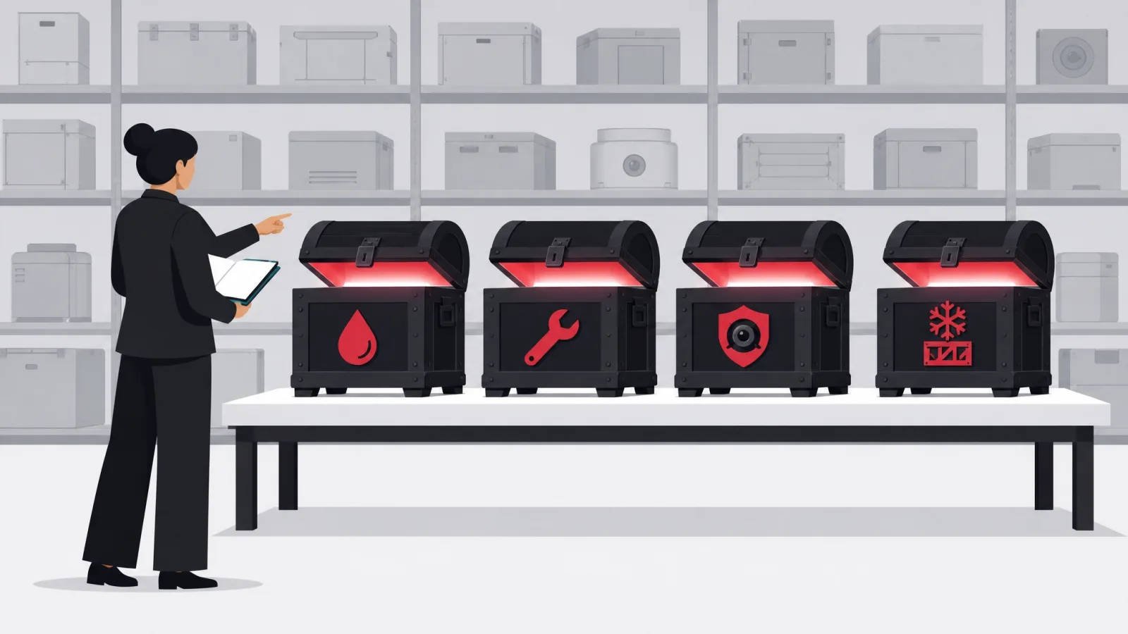 Four glowing emblem strongboxes for fuel, maintenance, safety and cold chain in front of a shelf of dull closed boxes
