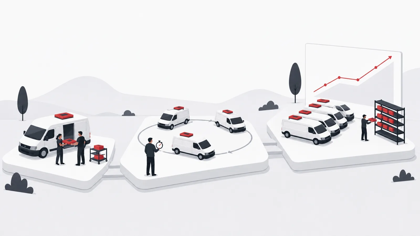 Three platforms showing one instrumented van, a measured three-van pilot loop and a full fleet rollout with a rising chart