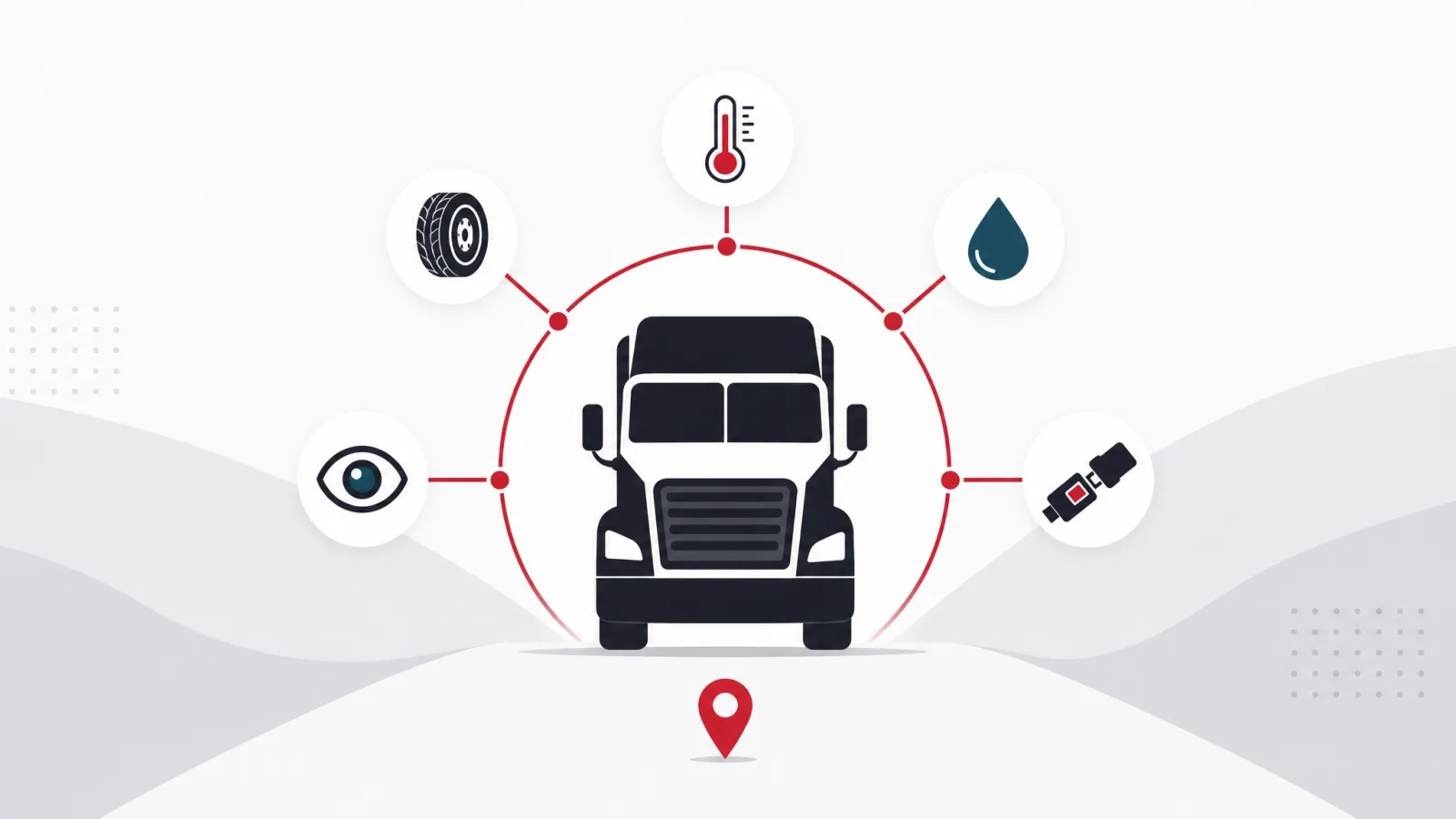 A truck radiating a halo of sensor icon nodes for temperature, tires, fuel, camera and seatbelt above a small map pin