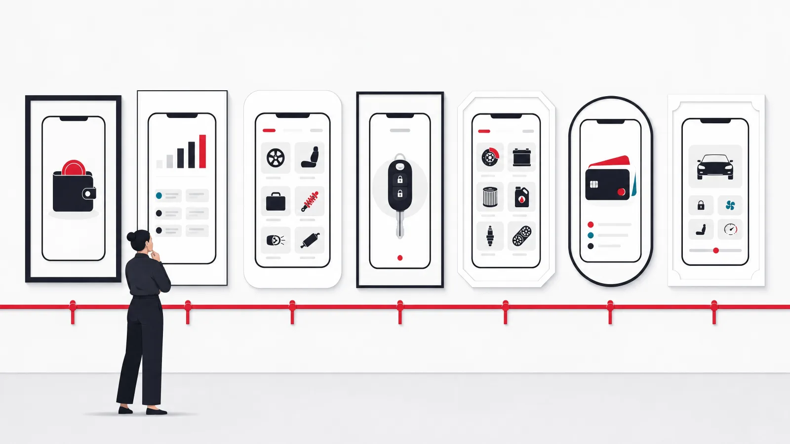 A gallery of seven framed abstract app screens including a wallet, dashboard, marketplace grid, car key, parts grid, card stack and vehicle console above one shared rail