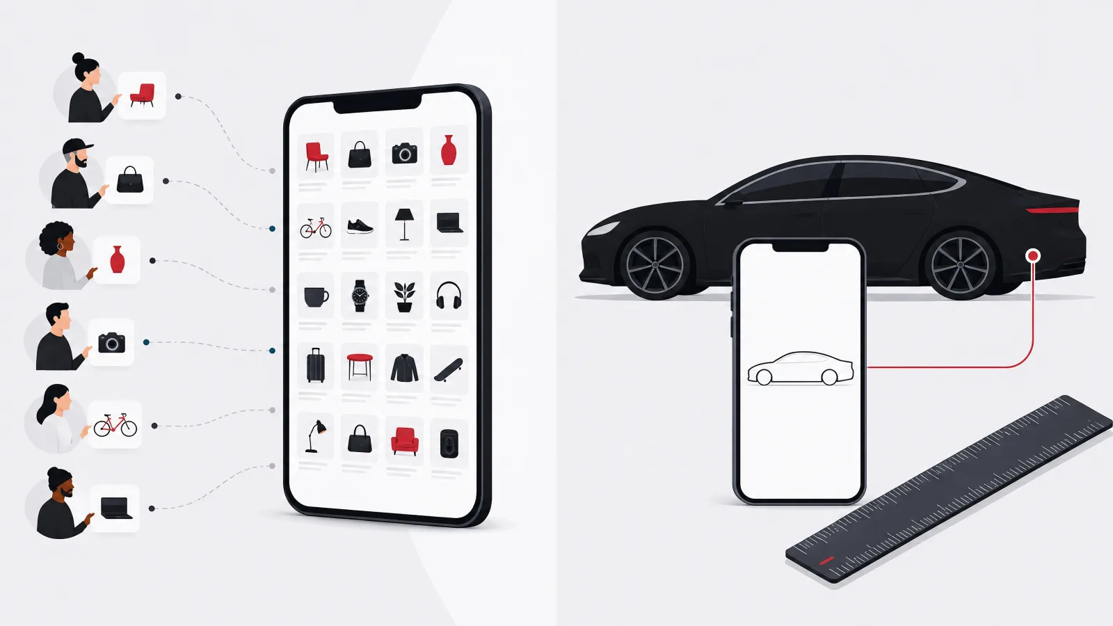A marketplace grid with listing cards flowing from many sellers beside a car silhouette mirrored on a phone screen with a design ruler alongside