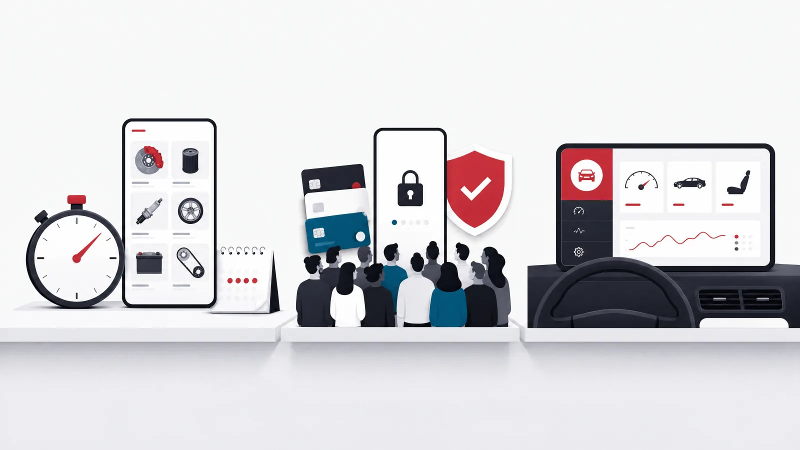 A stopwatch beside a parts-grid phone, a card stack beside a locked banking phone with a crowd, and a car dashboard console showing the same interface style