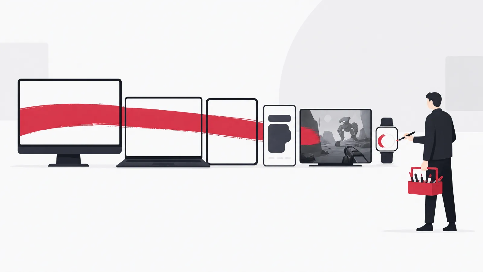 A brush stroke filling most screens in a row but stopping at a platform-specific widget, a 3D game scene and a tiny watch face, where a figure with a native toolbox steps in