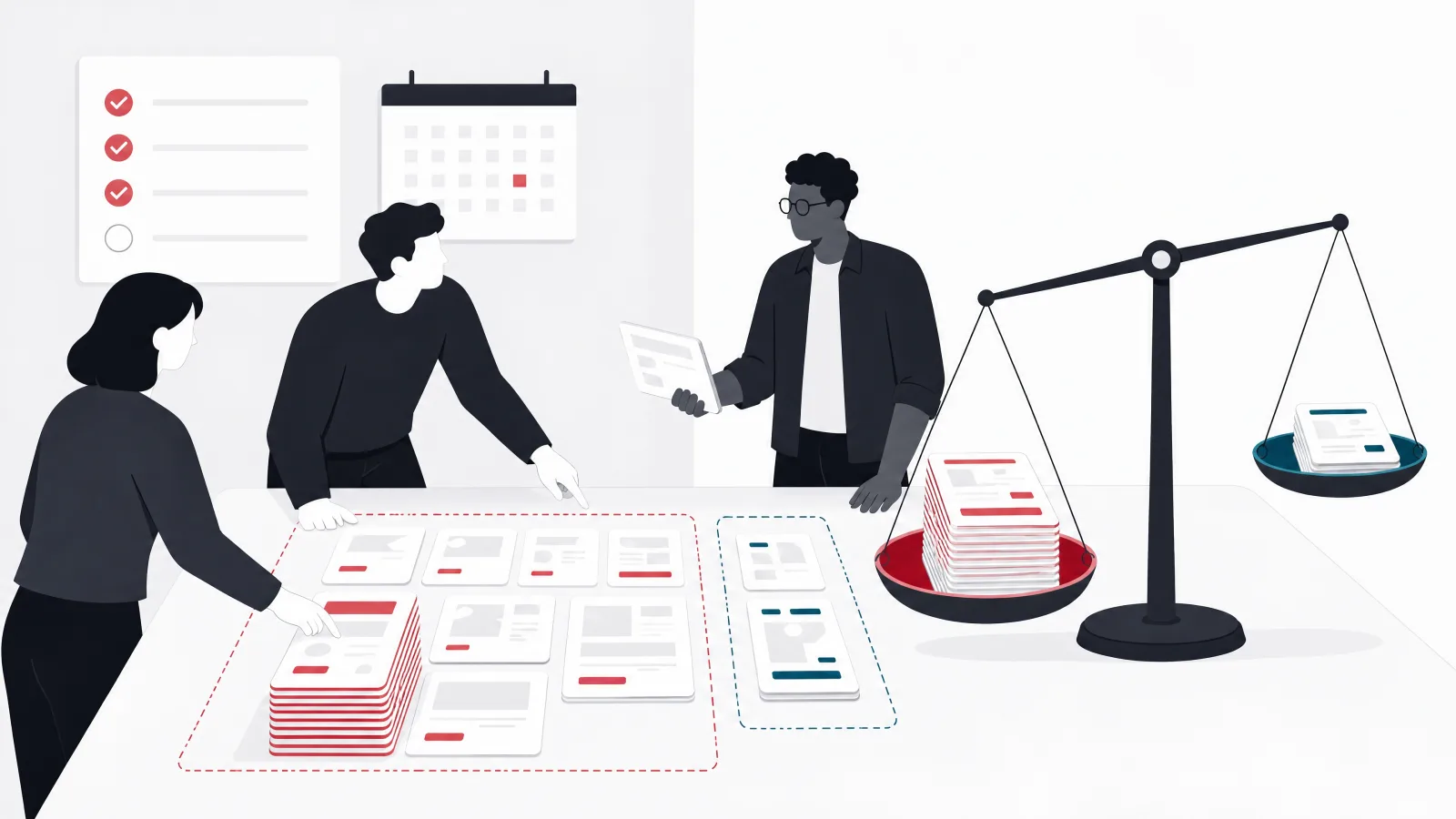 A team sorting screen cards into a large shared stack and a small platform-specific stack, with a scale tipping toward the shared stack