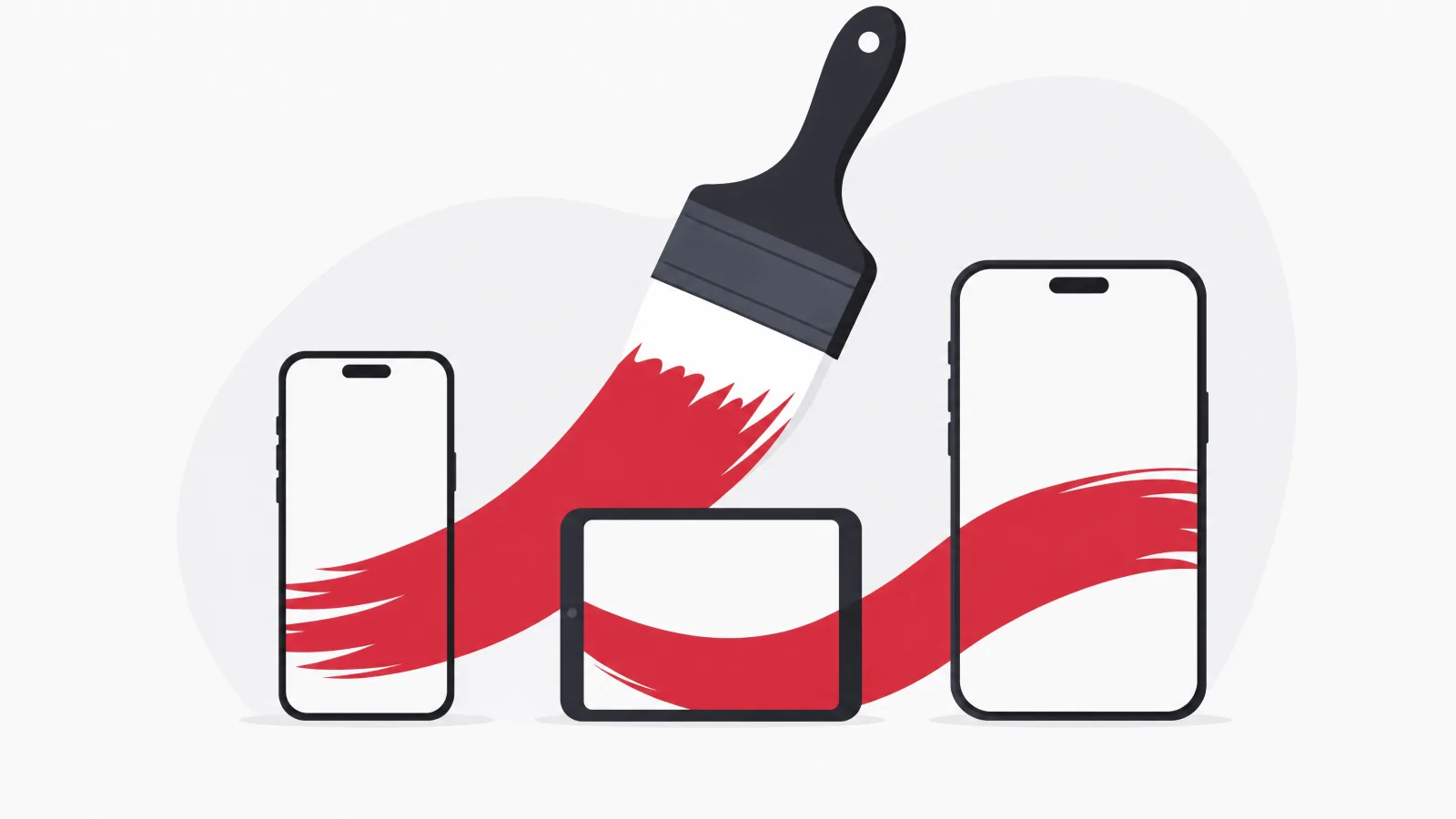 A geometric paintbrush making one stroke that fills two differently proportioned phones and a tablet with the identical pattern