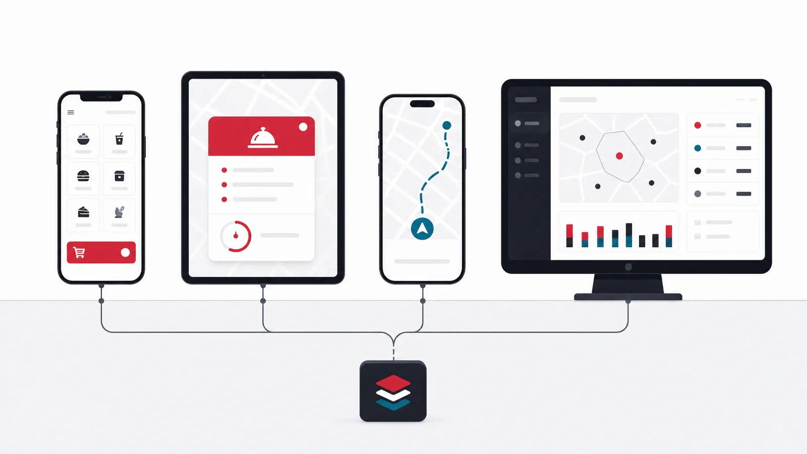 A phone with a menu grid, a tablet with an order ticket and timer, a phone with a map route and a monitor with a zone dashboard, all connected to one shared block