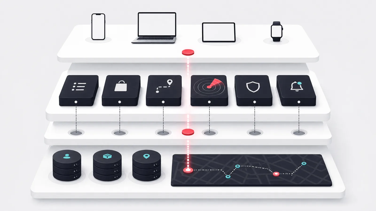 A layered model with four device silhouettes on top, service blocks for menu, order, dispatch, payment and notification in the middle, and data cylinders below