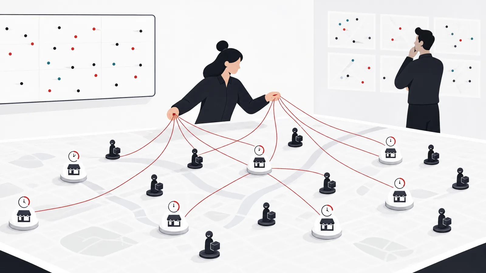 A dispatcher holding several strings across a table map of courier and restaurant tokens with ticking timers, beside a wall of jittering location dots