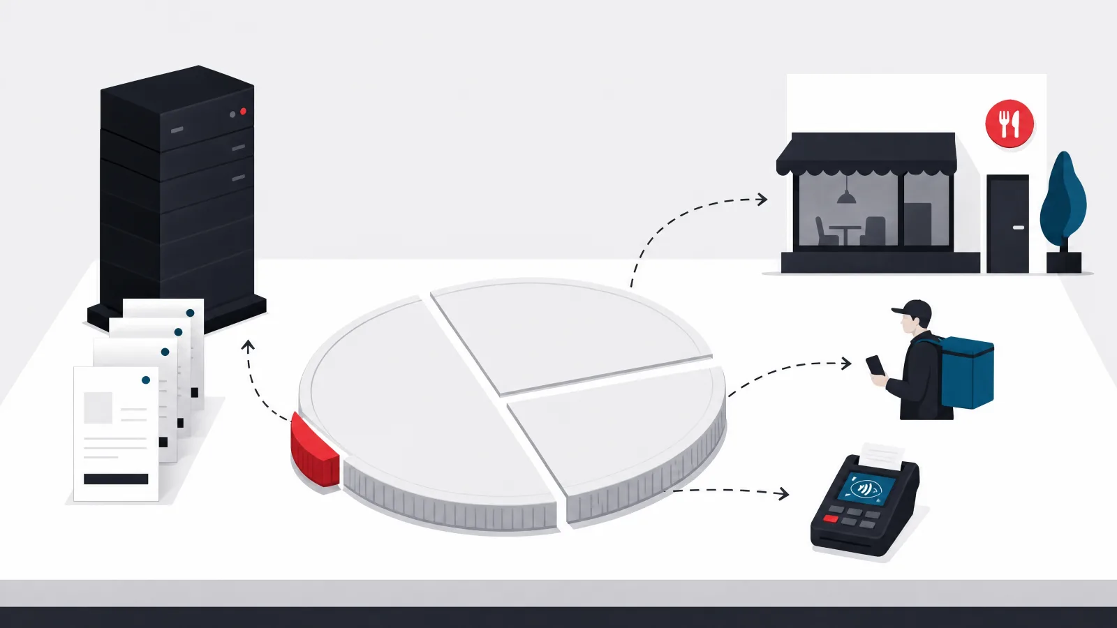 A coin split into four unequal slices sliding toward a restaurant, a courier, a payment terminal and a small sliver before a platform tower with bills waiting