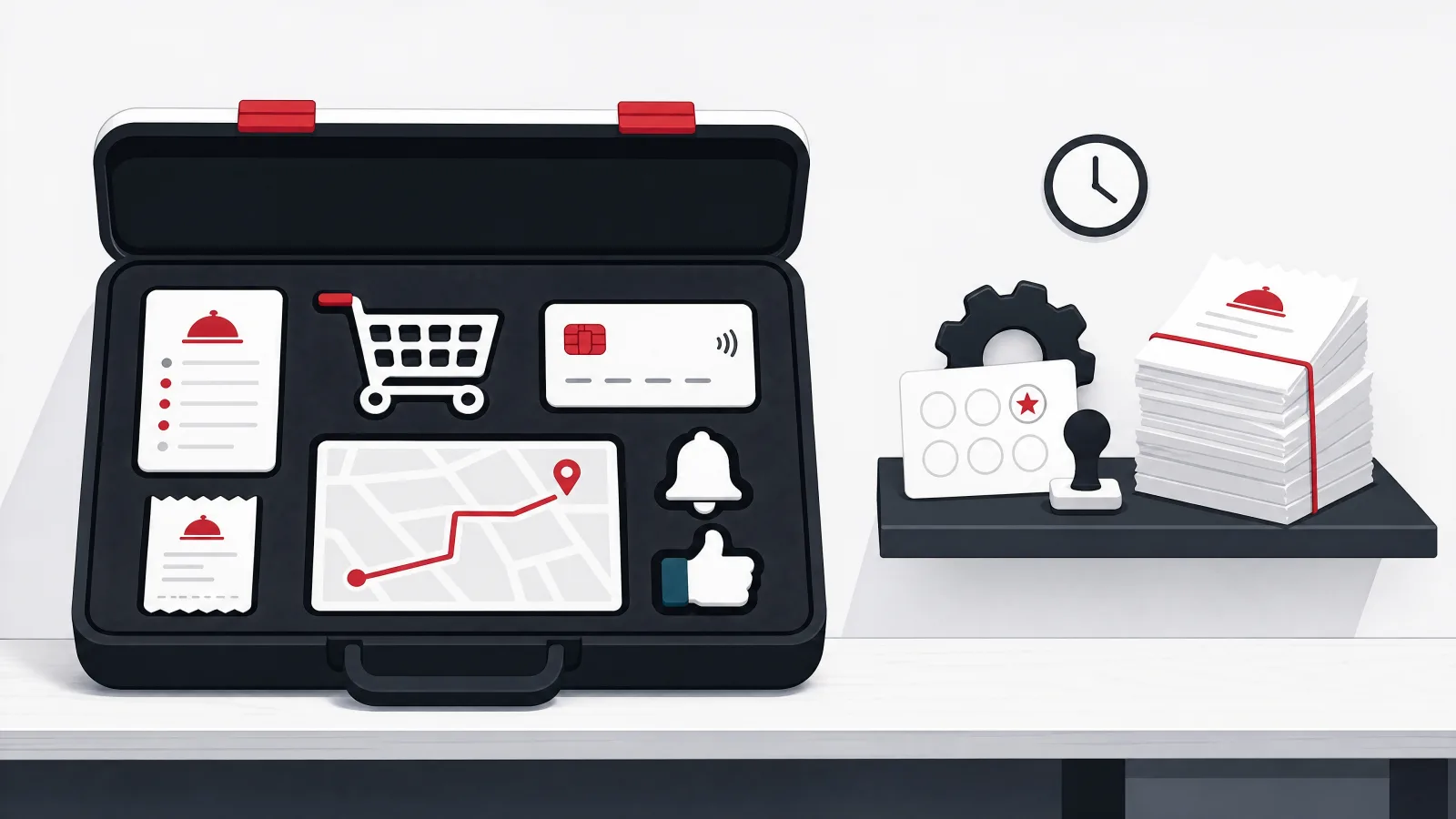 A compact toolbox holding a menu card, cart, payment card, order ticket, single-route map and bell, with deferred items on a shelf marked by a clock