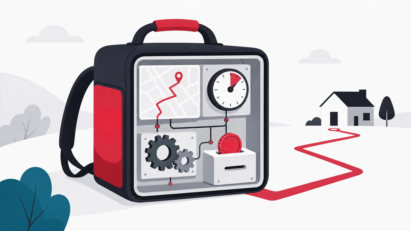 A cube-shaped delivery bag cut away to reveal a map tile, timer dial, gears and a coin slot, with a route line running to a distant house