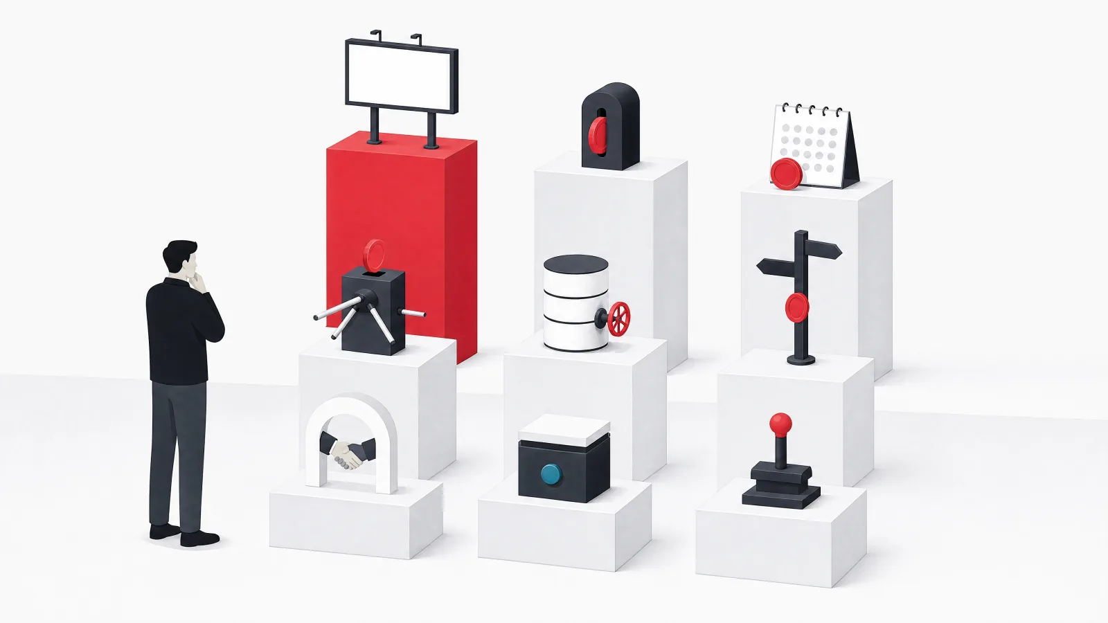 Nine small machines in a grid including a billboard frame, coin slot, calendar, turnstile, data cylinder, signpost, handshake arch, companion box and stamp press on pedestals of different heights