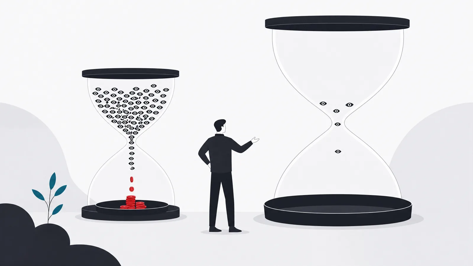 An hourglass with sand made of tiny eyes converting to a trickle of coins in a dish, beside a second hourglass with only a few grains