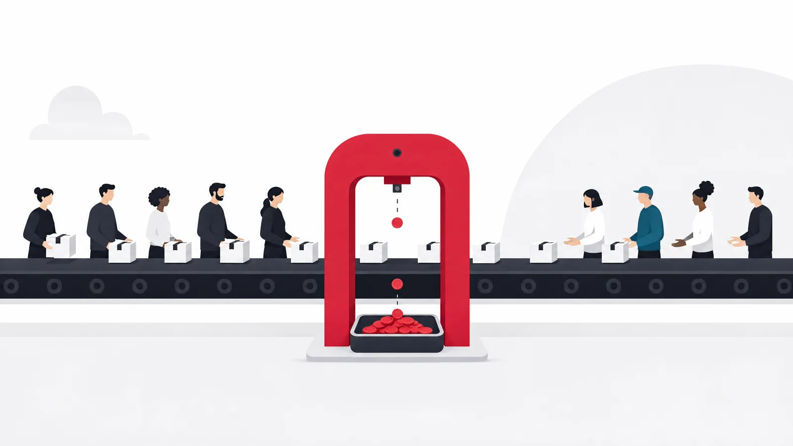 Parcels on a conveyor passing under a toll arch that drops one coin from each into a tray as they travel from sellers to buyers