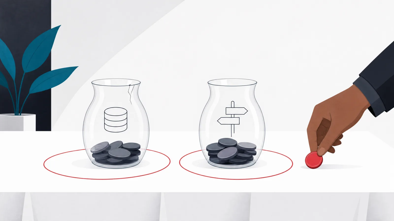 Two glass vessels of coins etched with a data cylinder and a signpost, each inside a boundary line, with a hand hesitating outside and a crack near one rim