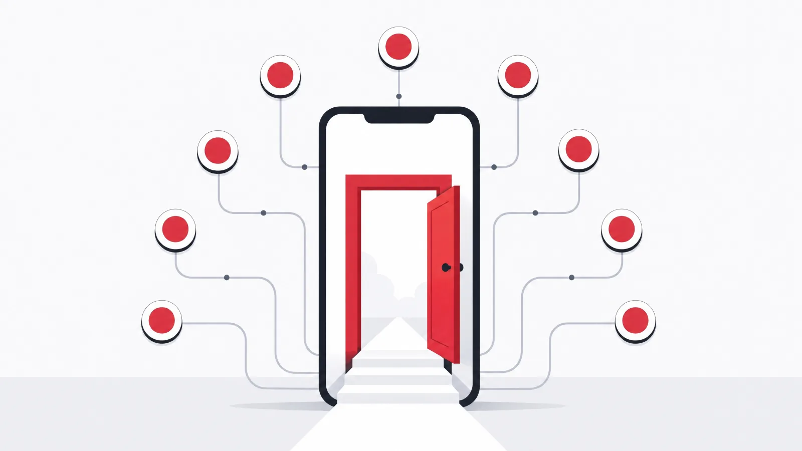 A smartphone with an open doorway on its screen and nine pipes curving up behind it, each ending in a coin