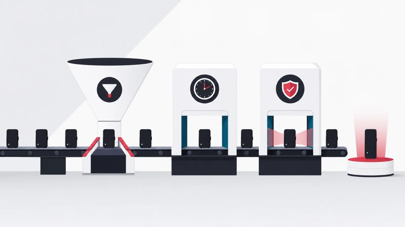 Devices passing under a funnel, a clock and a shield on a testing bench, one emerging onto a lit pedestal