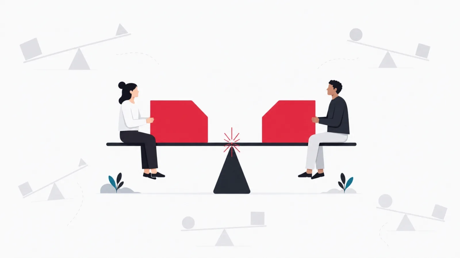 Two figures balancing a beam perfectly, holding matching cards, a red spark at the fulcrum