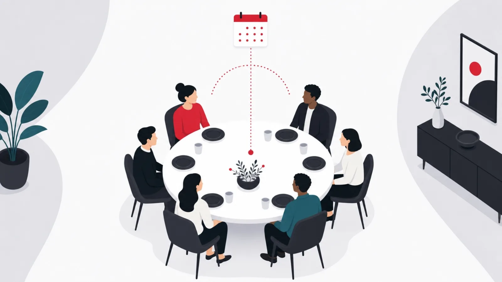 Six figures at a round dinner table beneath a dotted red arc descending from a calendar mark