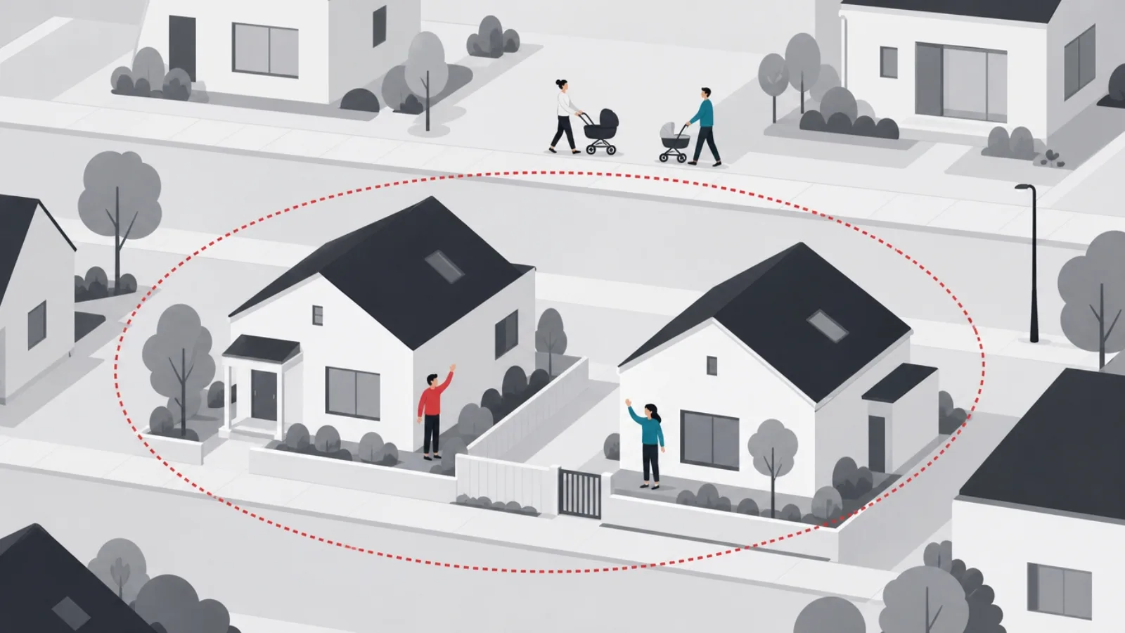 Neighbors waving across a fence inside a red map-radius circle, two figures with strollers approaching