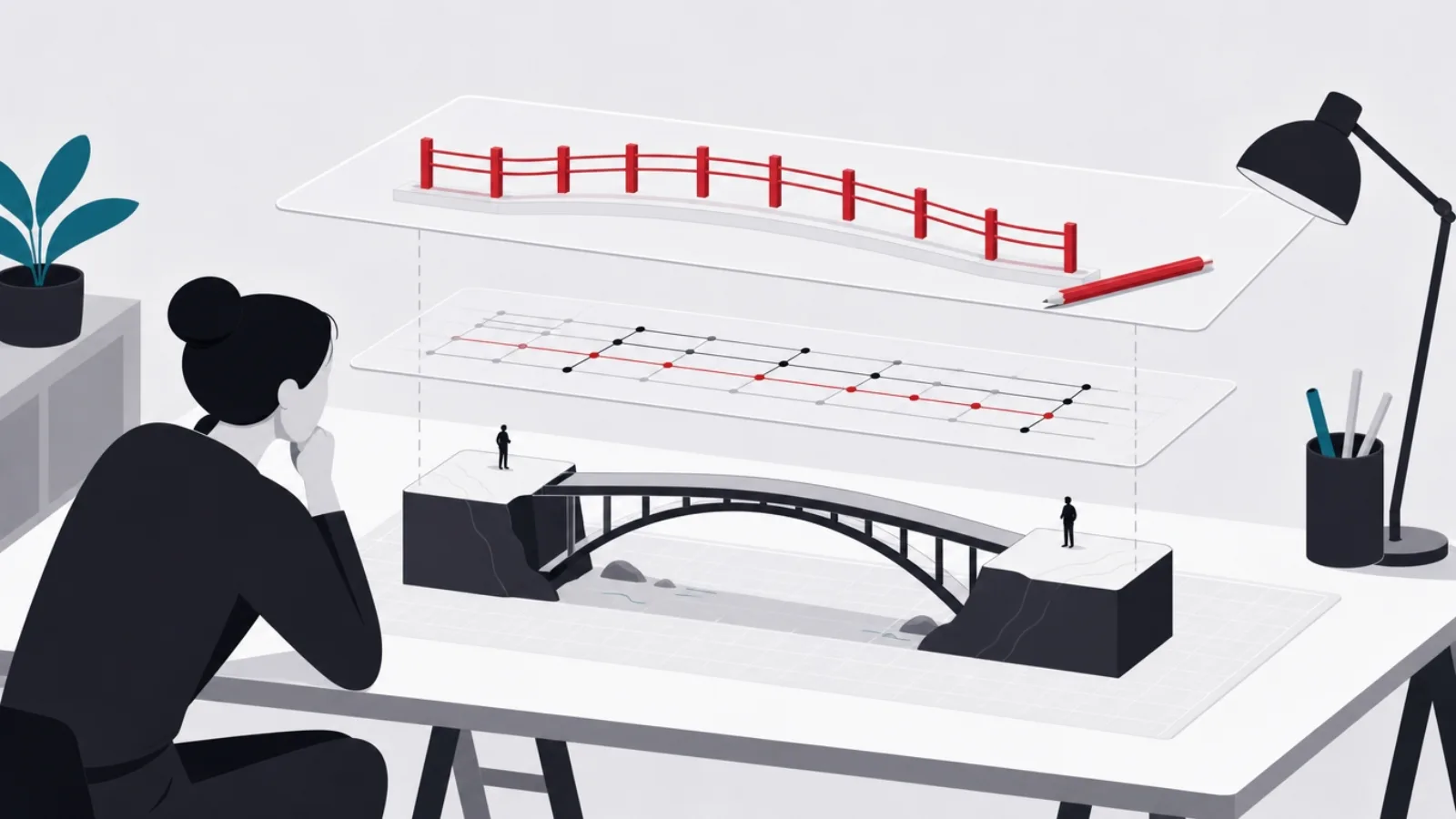 A builder studying an exploded three-layer model of a bridge connecting two small figures