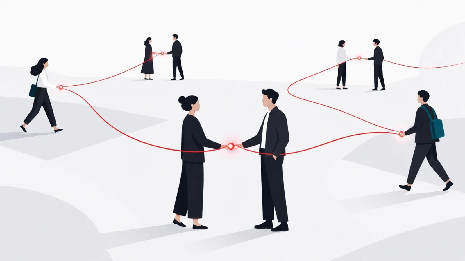 Stylized figures on an open plaza connected by red threads that end in glowing knots where pairs meet