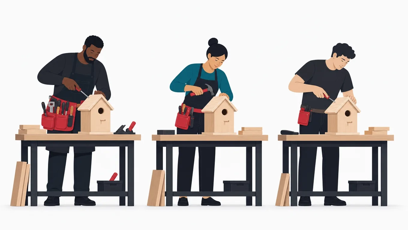 Three craftspeople building identical birdhouses with a huge jig wall, a compact precise kit, and a tidy middle kit
